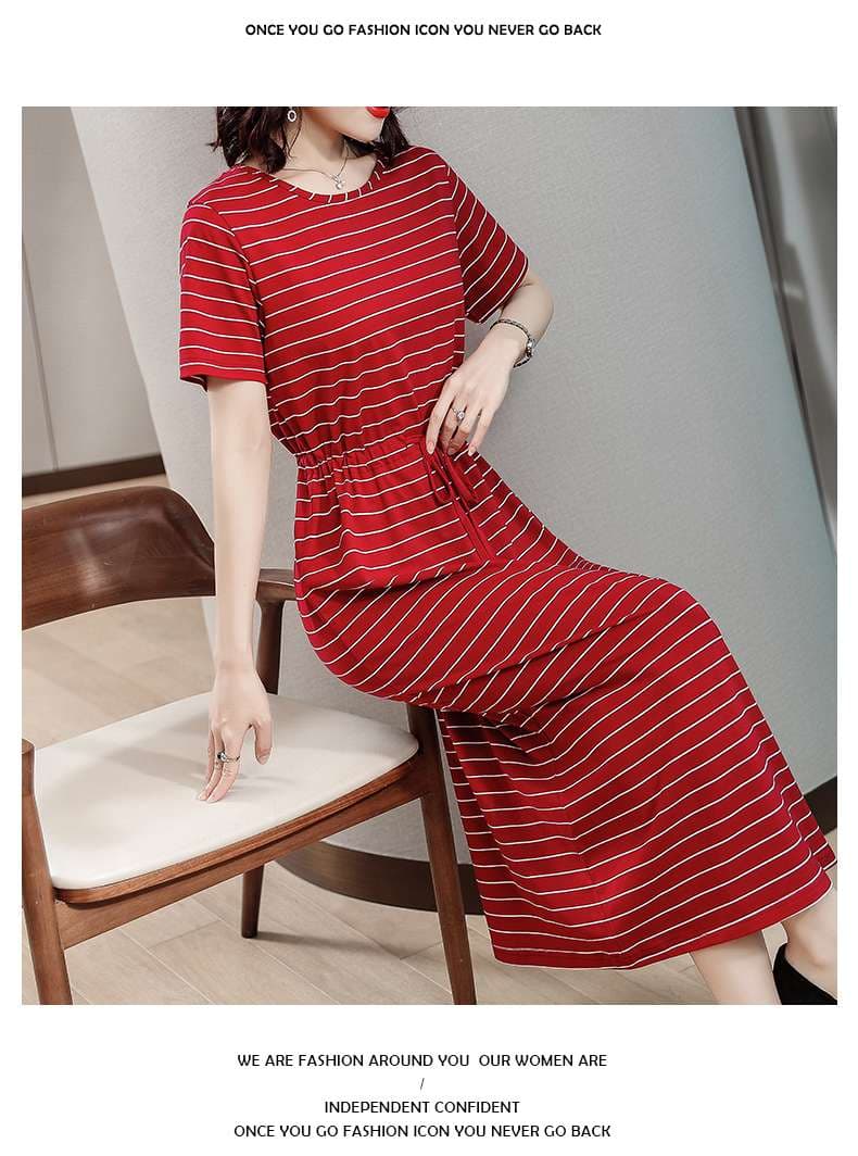 シンプル上品ボーダーマキシワンピース ボーダー服