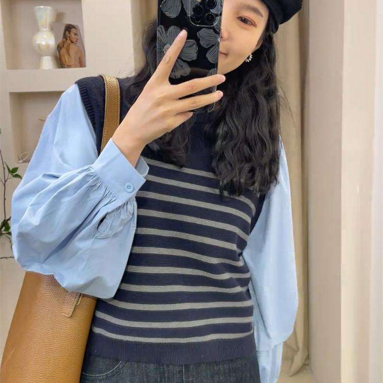 バルーン袖ボーダーニットベストシャツ ボーダー服