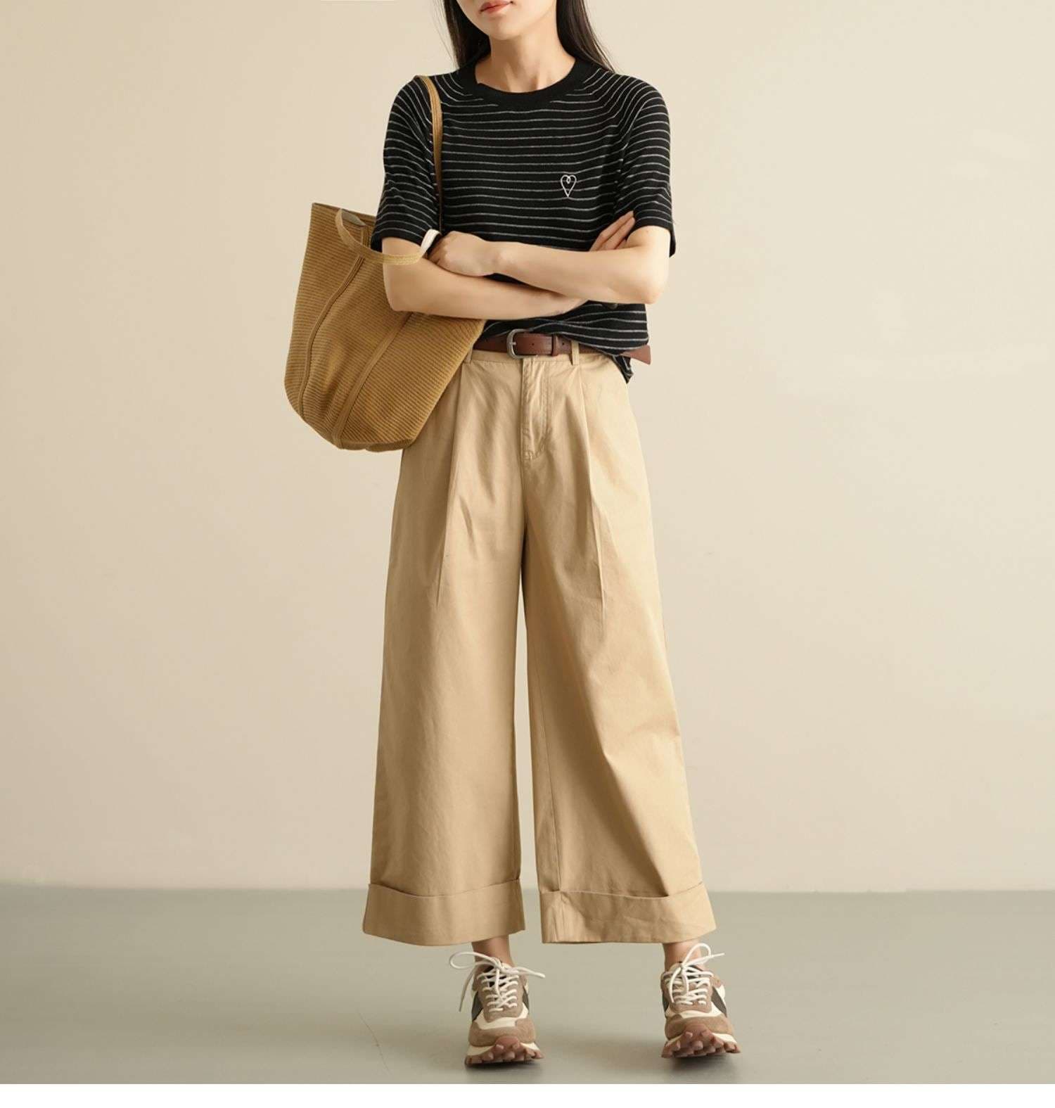 コントラスト襟 ボーダー柄 半袖Tシャツ ボーダー服
