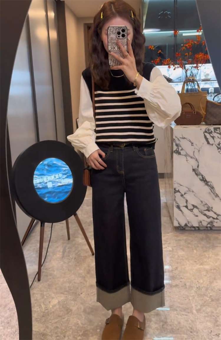 バルーン袖ボーダーニットベストシャツ ボーダー服