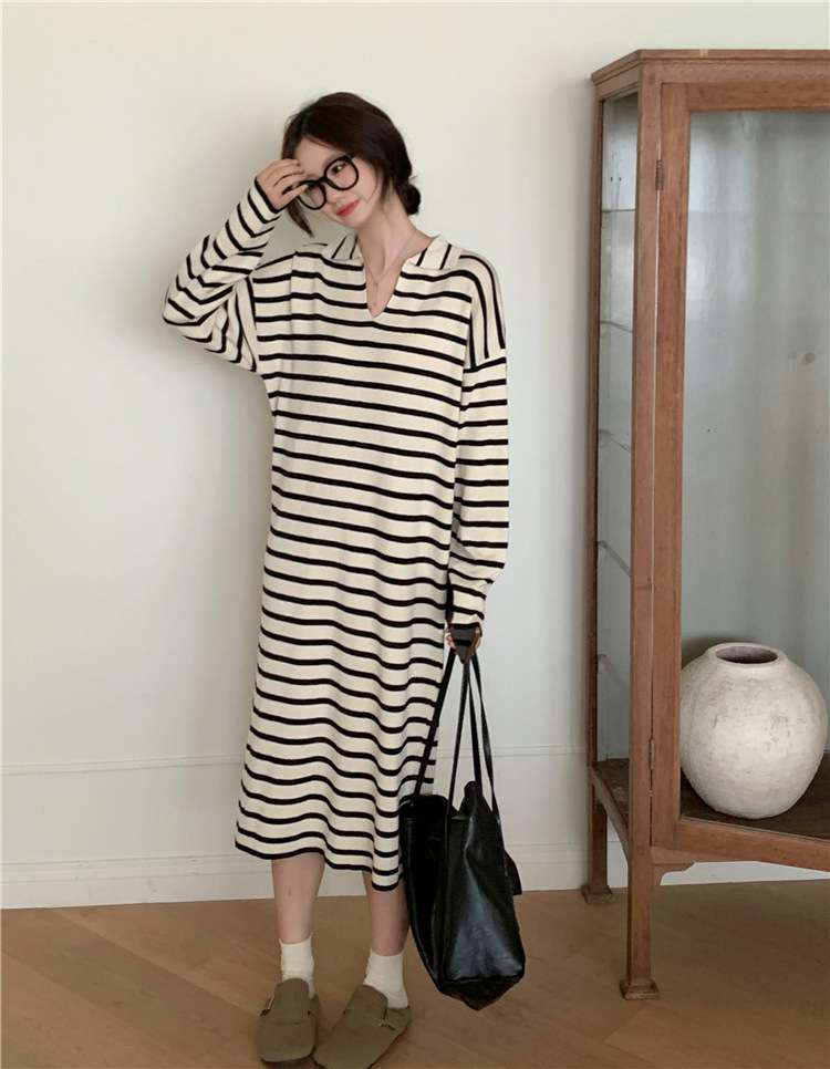 オーバーサイズVネックボーダーワンピース ボーダー服