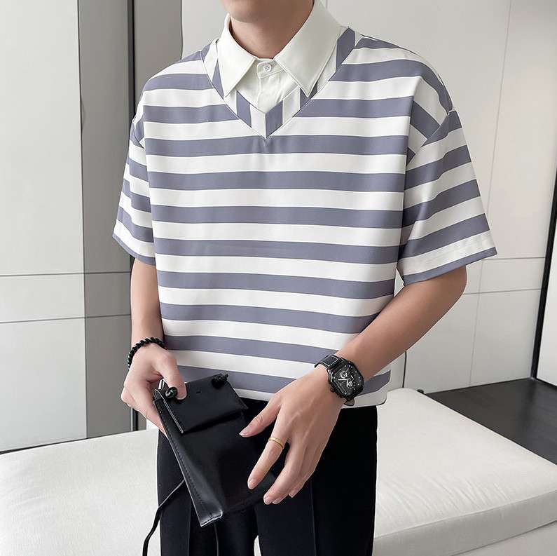 ボーダー柄カレッジ風半袖シャツ ボーダー服