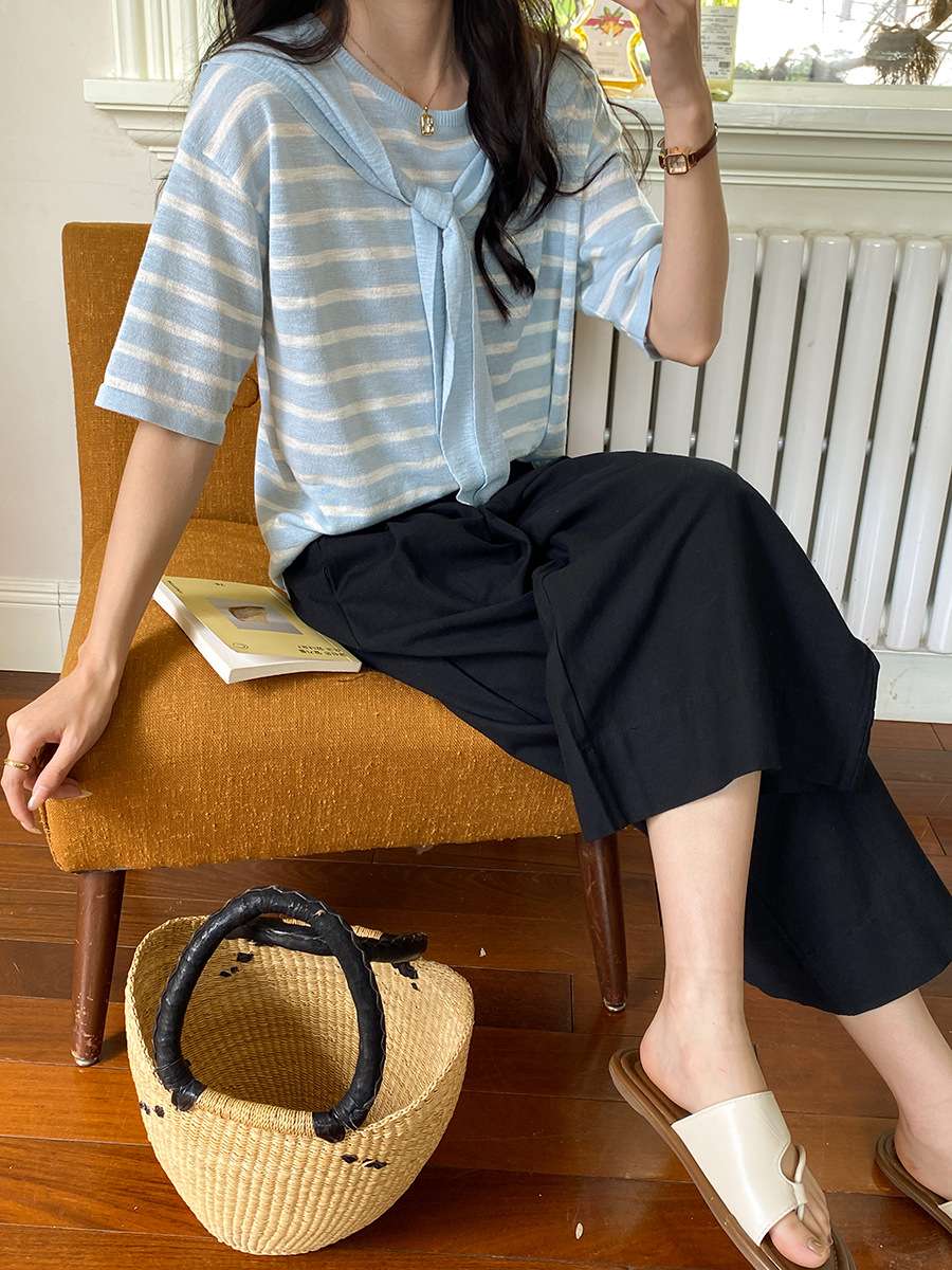 デザインリボン付きボーダーニット ボーダー服