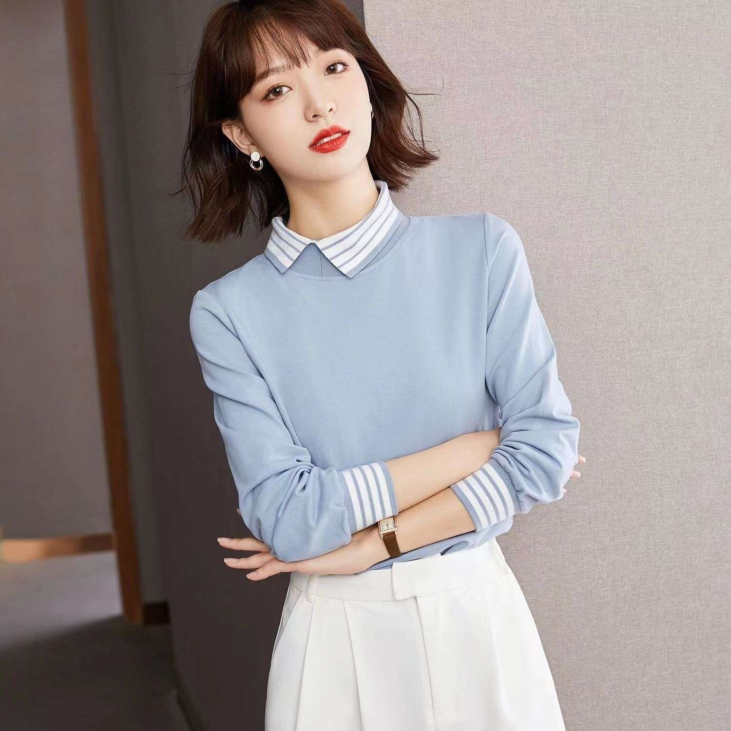 モダンストライプ襟デザイン長袖トップス ボーダー服