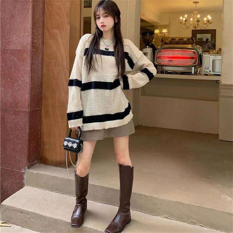 オフショルダーボーダーニットワンピース ボーダー服