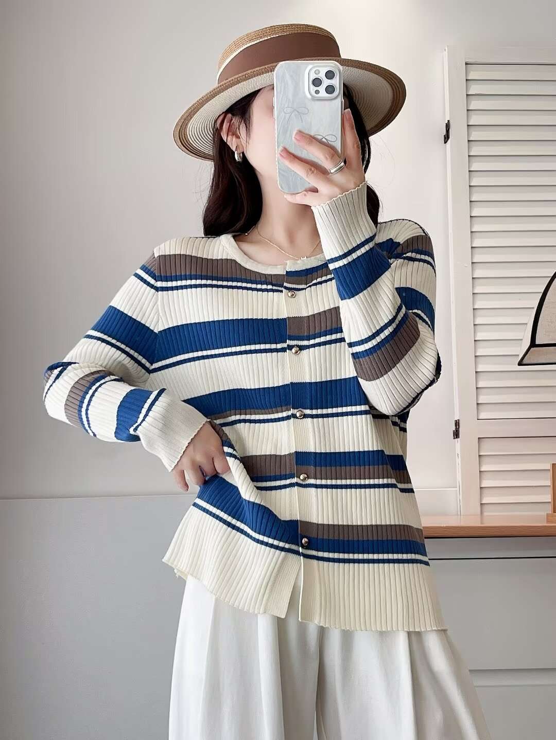 マルチボーダーリブ編みカーディガン ボーダー服
