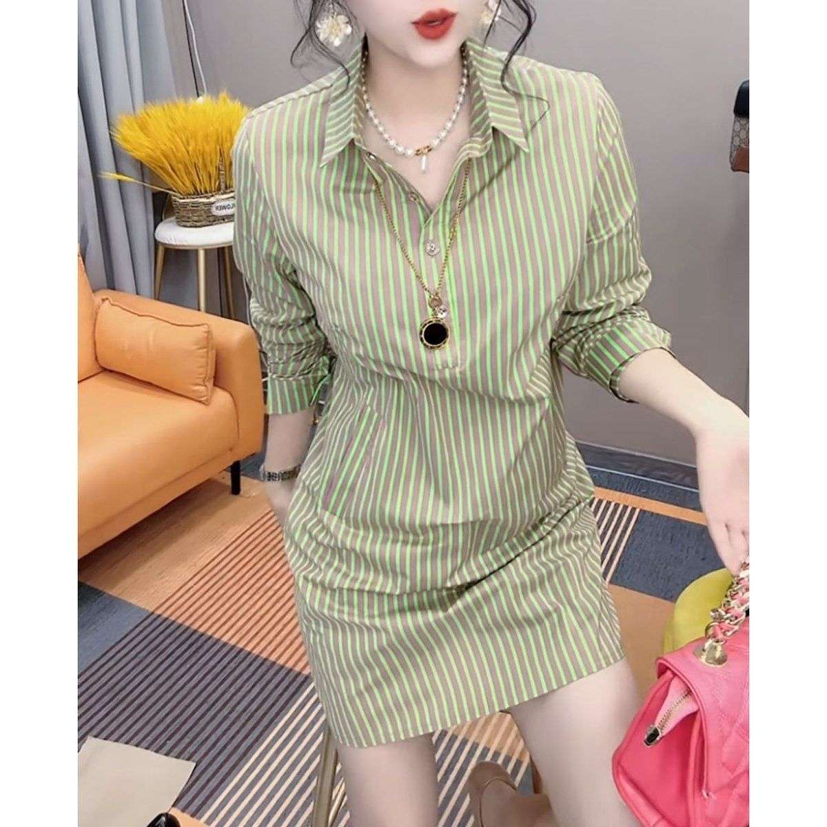 ストライプ柄シャツワンピース ボーダー服
