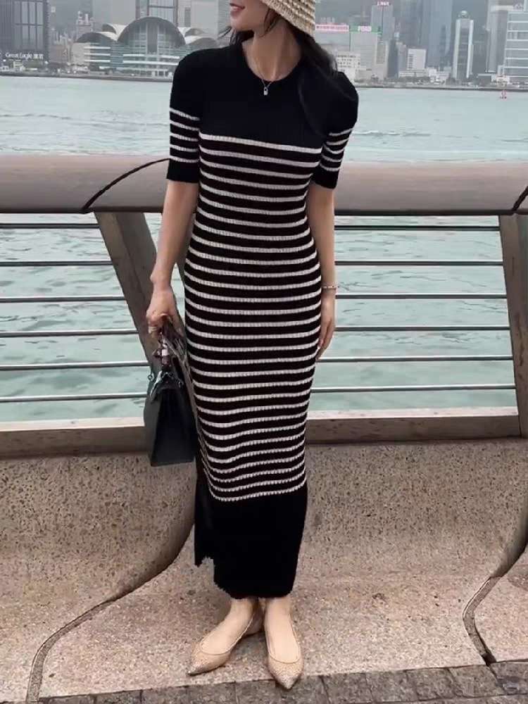 スリムフィットボーダーニットワンピース ボーダー服