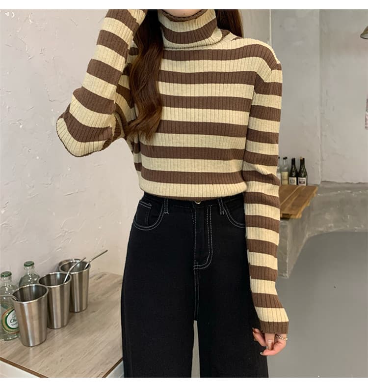 ボーダー服セーター 着まわし抜群ボーダータートルネックニット