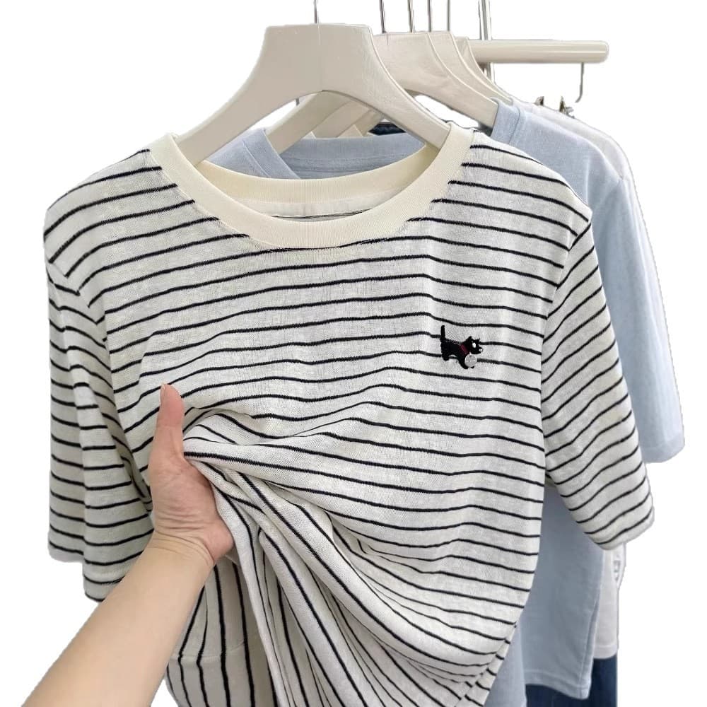 ボーダー服 ねこさん刺繍入りボーダーTシャツ