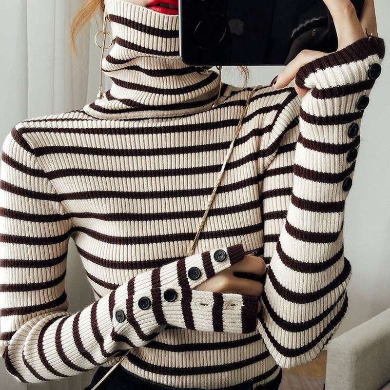 リブ編みボーダータートルネックセーター ボーダー服