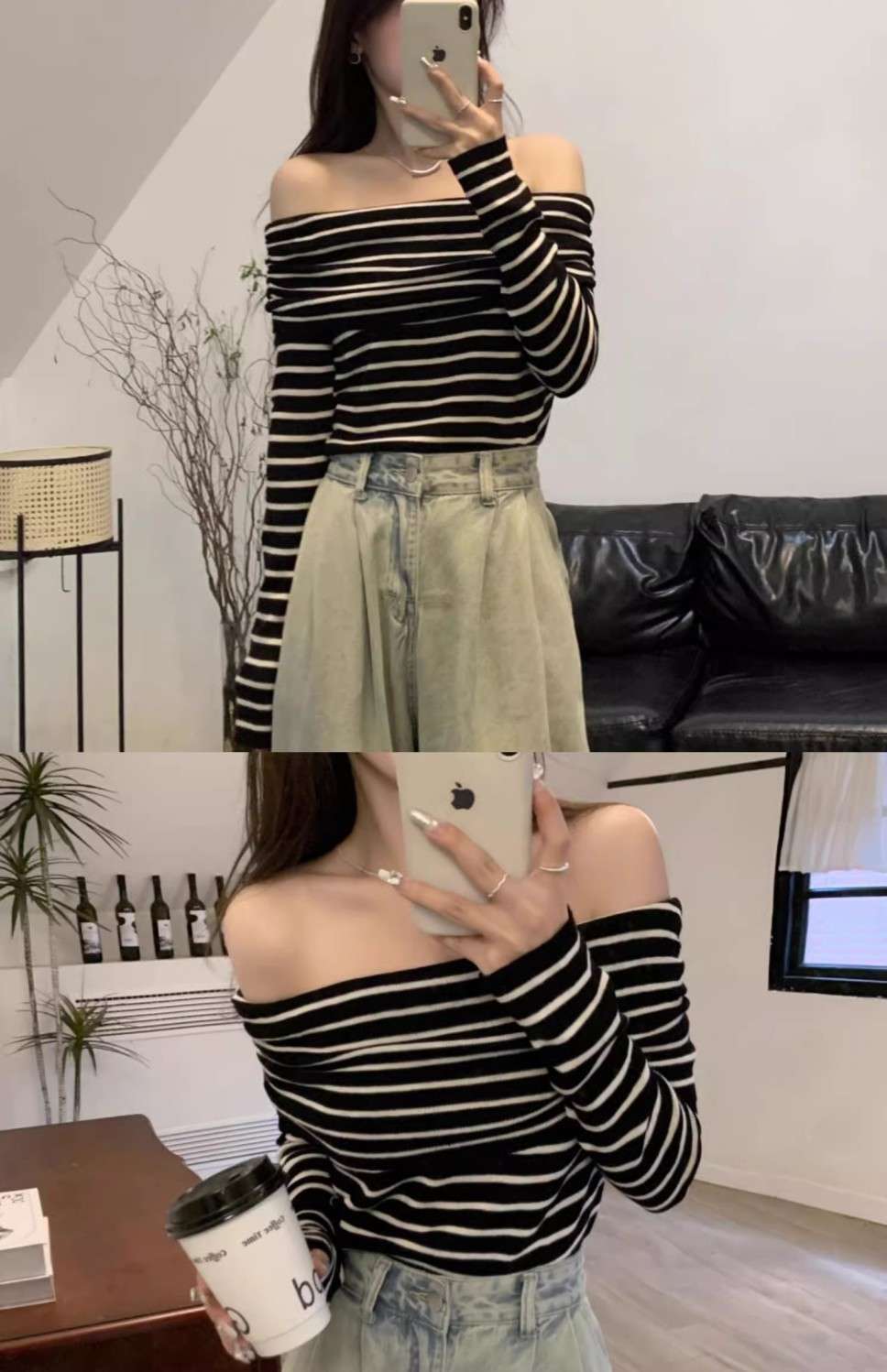 オフショルダーニットボーダーセーター ボーダー服