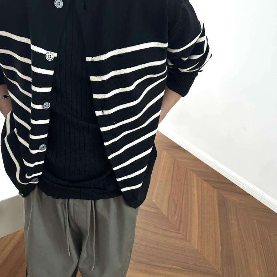 洗練ボーダー柄ゆったりカーディガン ボーダー服
