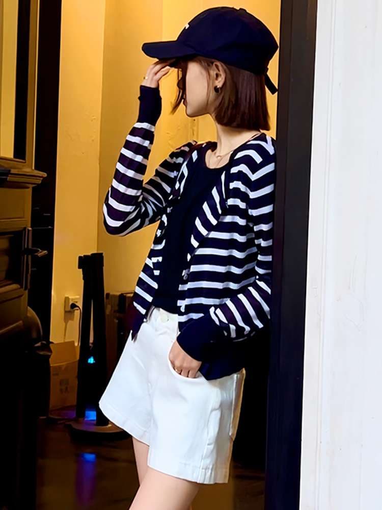 涼やかボーダーニットカーディガン ボーダー服