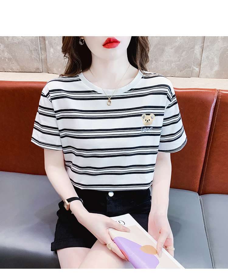 クマ刺繍入りボーダーゆるTシャツ ボーダー服