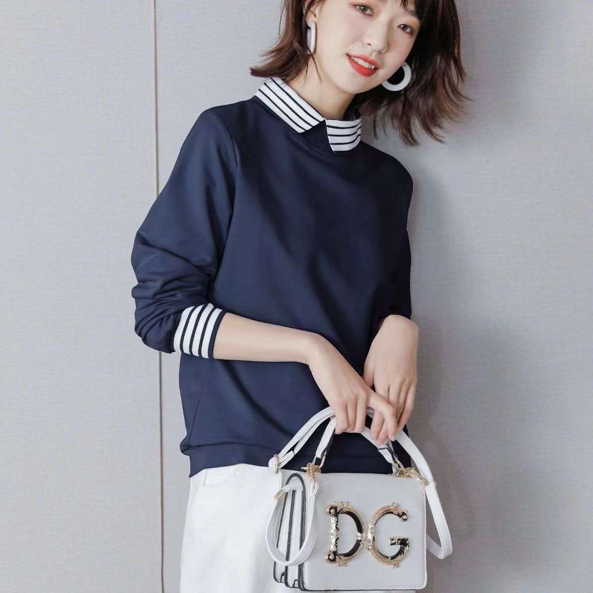 モダンストライプ襟デザイン長袖トップス ボーダー服