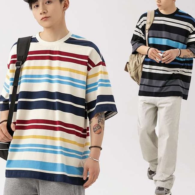 マルチボーダー柄オーバーサイズ半袖Tシャツ ボーダー服