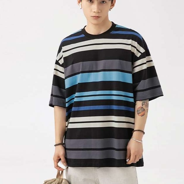 マルチボーダー柄オーバーサイズ半袖Tシャツ ボーダー服