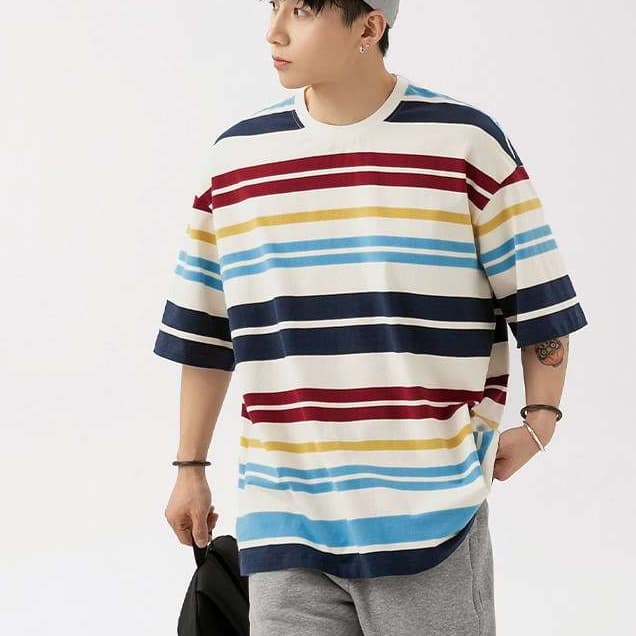マルチボーダー柄オーバーサイズ半袖Tシャツ ボーダー服