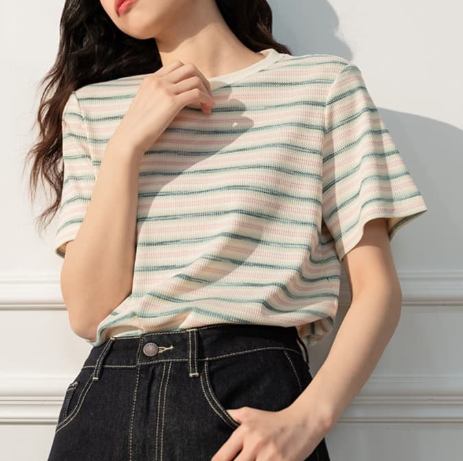 ボーダー服 さわやか細ボーダー半袖シャツ