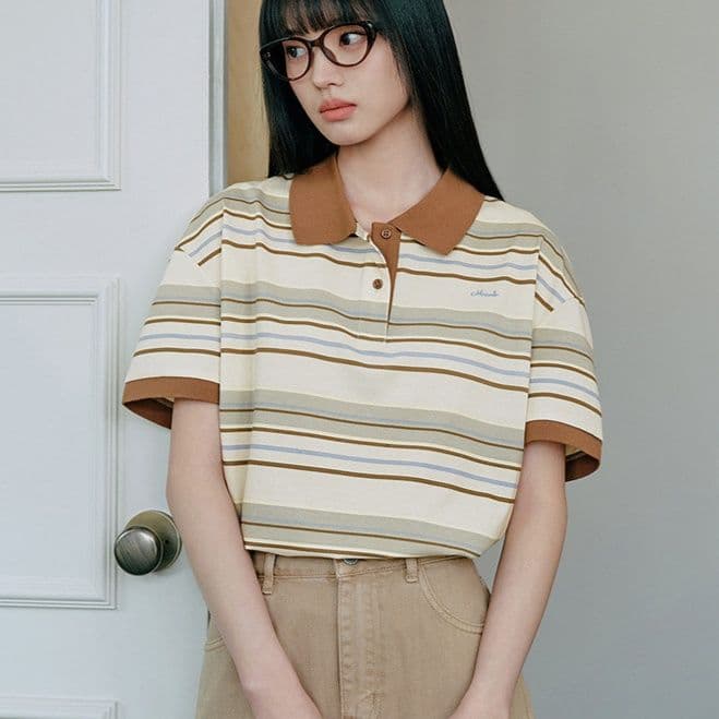 ボーダー服 ボーダー服 上品な縞模様の襟付き半袖シャツ