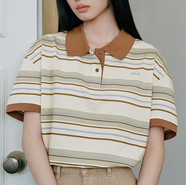 ボーダー服 ボーダー服 上品な縞模様の襟付き半袖シャツ