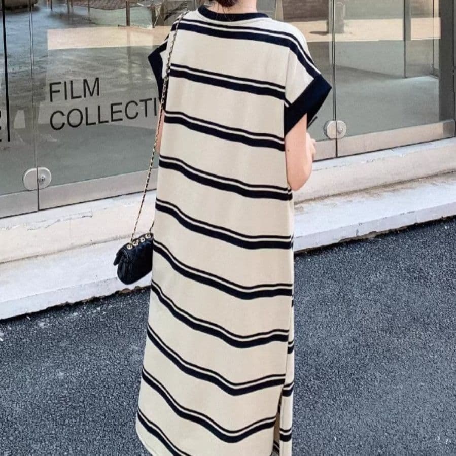 ボーダー服 ボーダー服 ゆったりボーダー半袖マキシワンピース