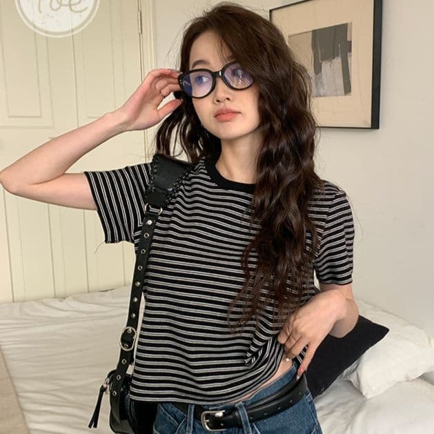 ボーダー服 ボーダー服 シンプル細ボーダー半袖カットソー