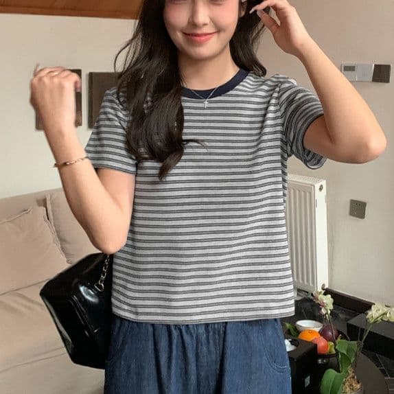 ボーダー服 ボーダー服 シンプル細ボーダー半袖カットソー
