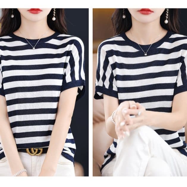 ボーダー 爽やか夏の横縞ゆったりTシャツ