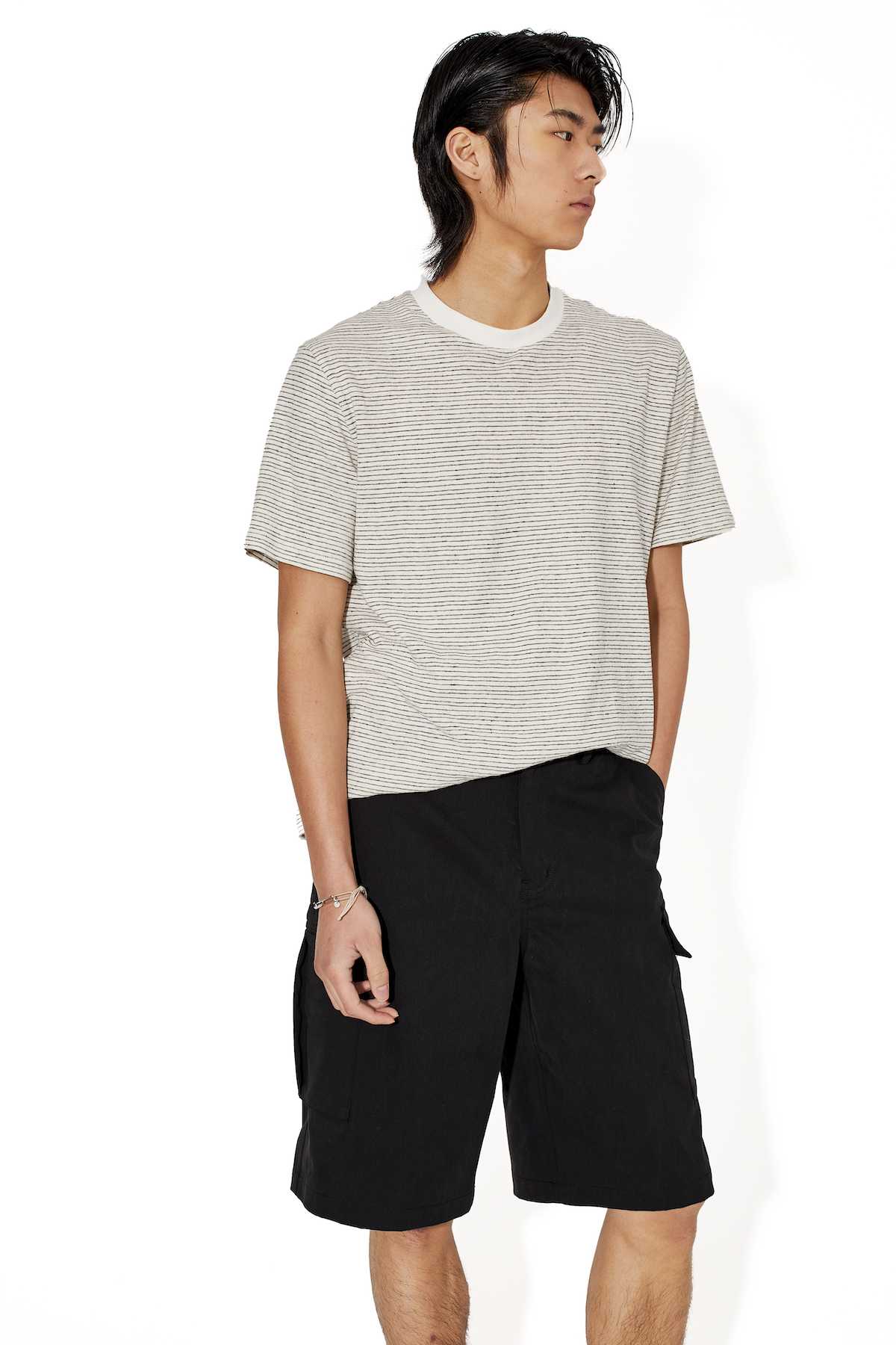 細ボーダー柄サマーニットTシャツ ボーダー服