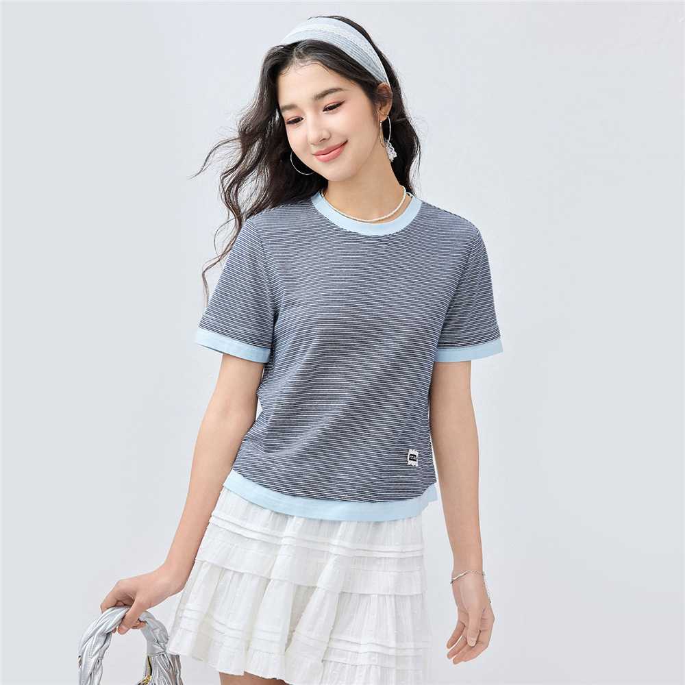 ボーダー服 さわやか細ボーダーゆったりクルーネック半袖
