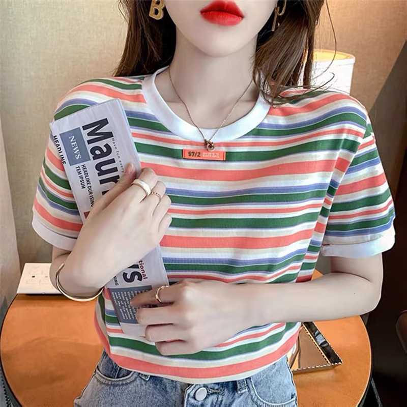 ボーダー服 爽やかマルチボーダーリブ付き半袖