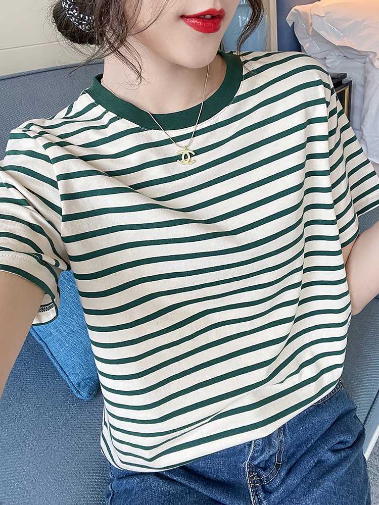 ボーダー服 ボーダー服 クラシック横縞クルーネック半袖トップス