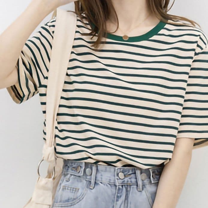 ボーダー服 Tシャツ 配色ボーダー柄半袖ティーシャツ レディース
