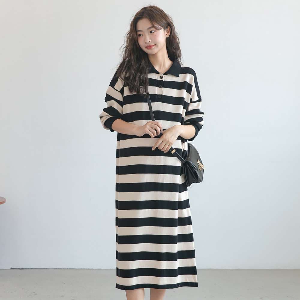 ストライプ柄ポロカラーニットワンピース ボーダー服