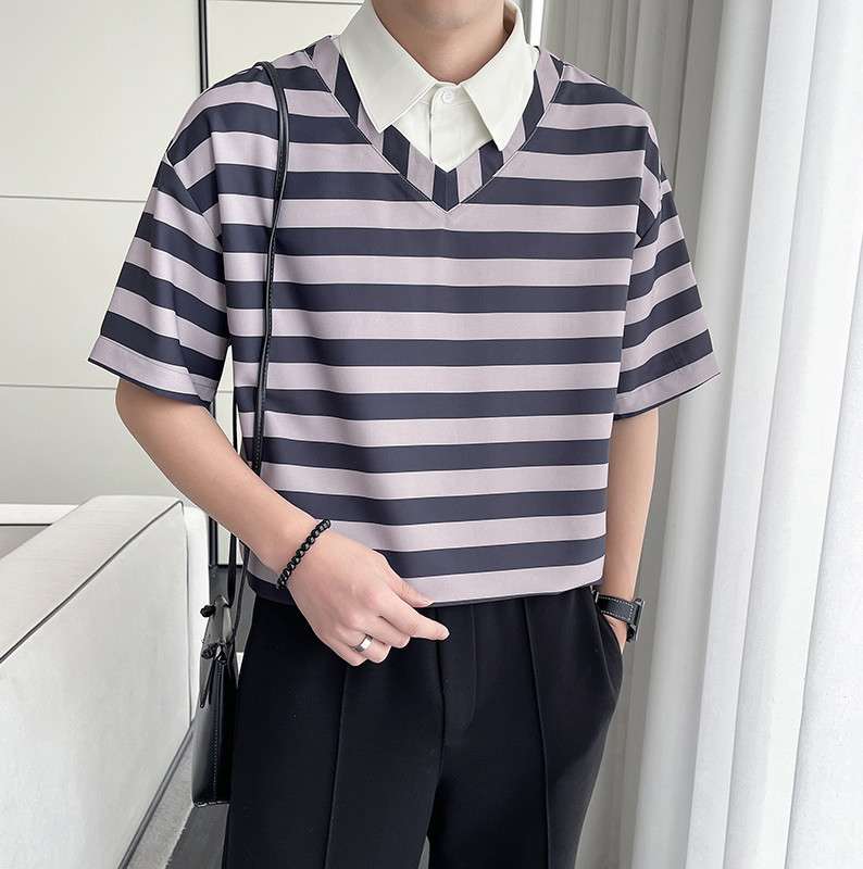 ボーダー柄カレッジ風半袖シャツ ボーダー服