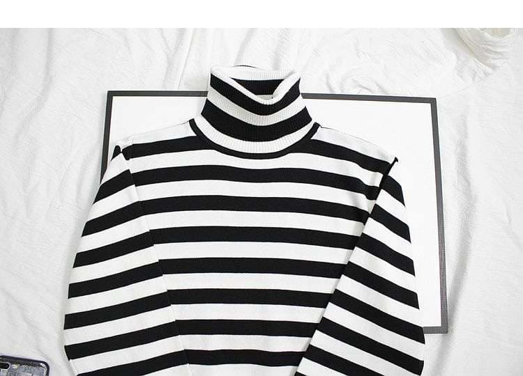モノトーン太ボーダーのタートルネックセーター ボーダー服