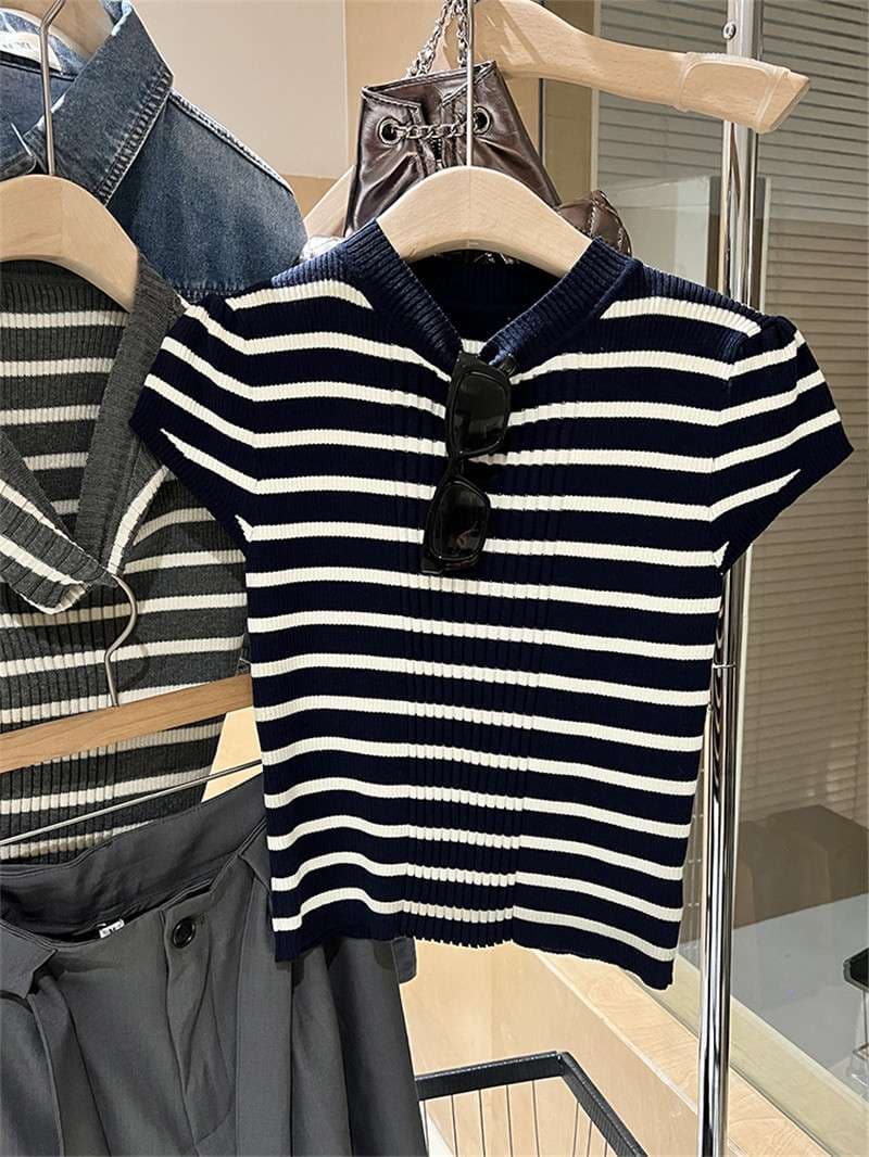 ーダー半袖ニットトップス　Tシャツ・ロンT ボーダー服