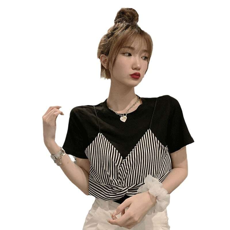 重ね着風ボーダーキャミレイヤードシャツ ボーダー服