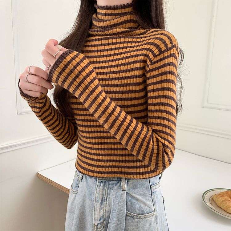 リブニット ボーダー タートルネック トップス ボーダー服