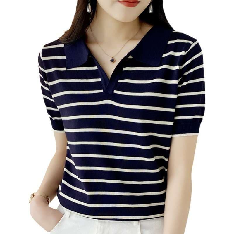 シンプル上品 夏のマリンスタイルポロシャツ ボーダー服