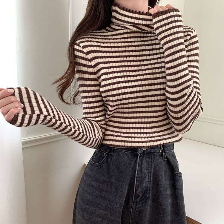 リブニット ボーダー タートルネック トップス ボーダー服