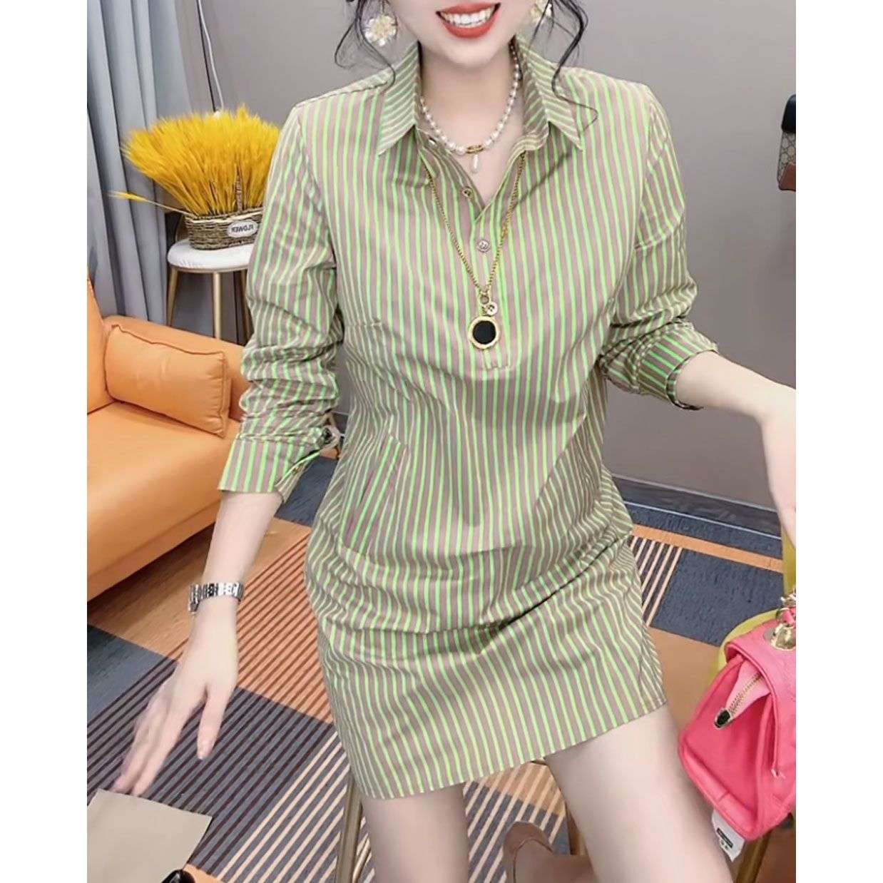 ストライプ柄シャツワンピース ボーダー服