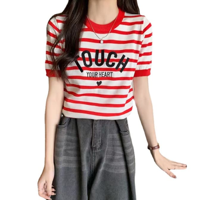 ボーダー服 Tシャツ レディースボーダー柄半袖ティーシャツゆったりカジュアル春夏