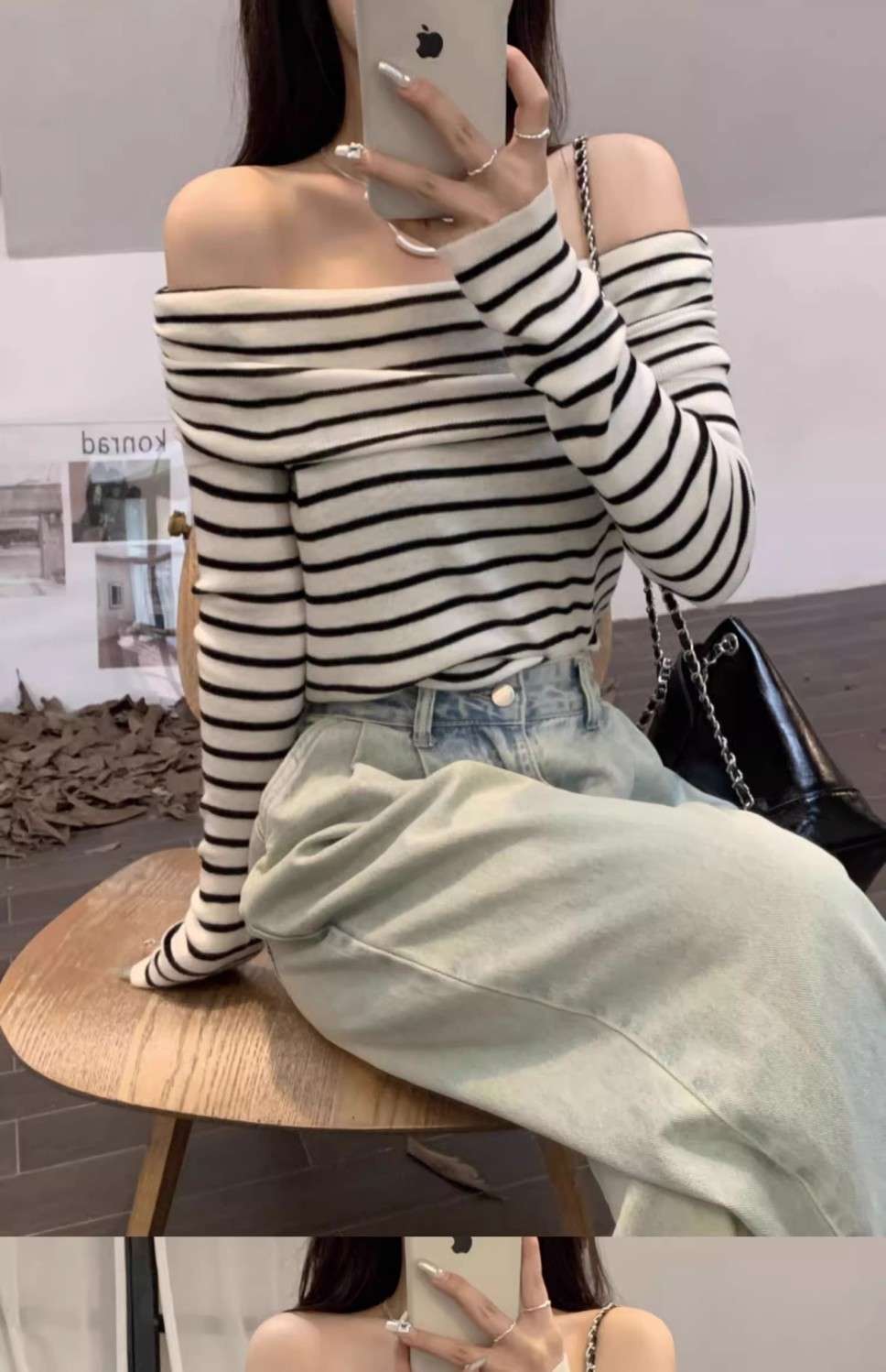 オフショルダーニットボーダーセーター ボーダー服