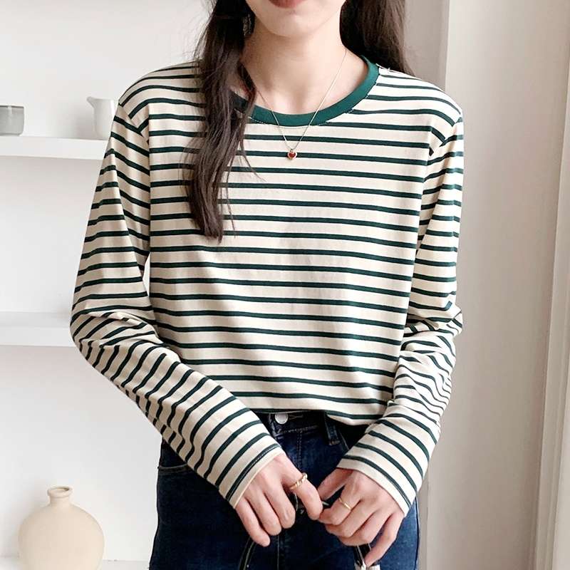シンプルボーダーカットソー長袖Tシャツ ボーダー服