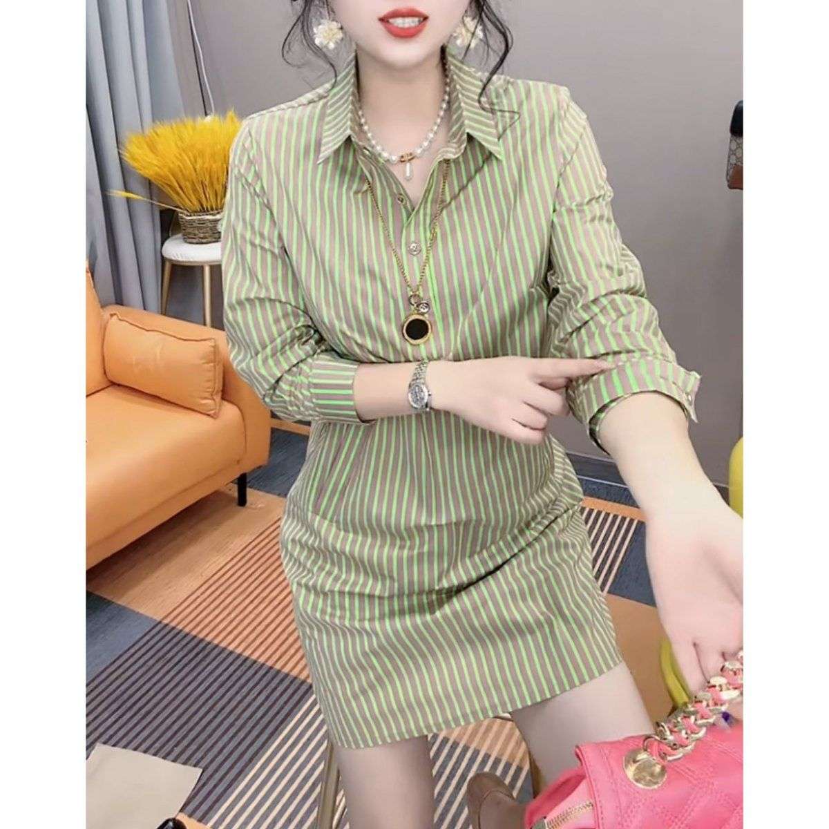 ストライプ柄シャツワンピース ボーダー服
