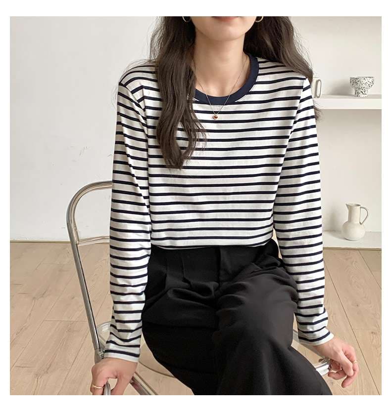 シンプルボーダーカットソー長袖Tシャツ ボーダー服