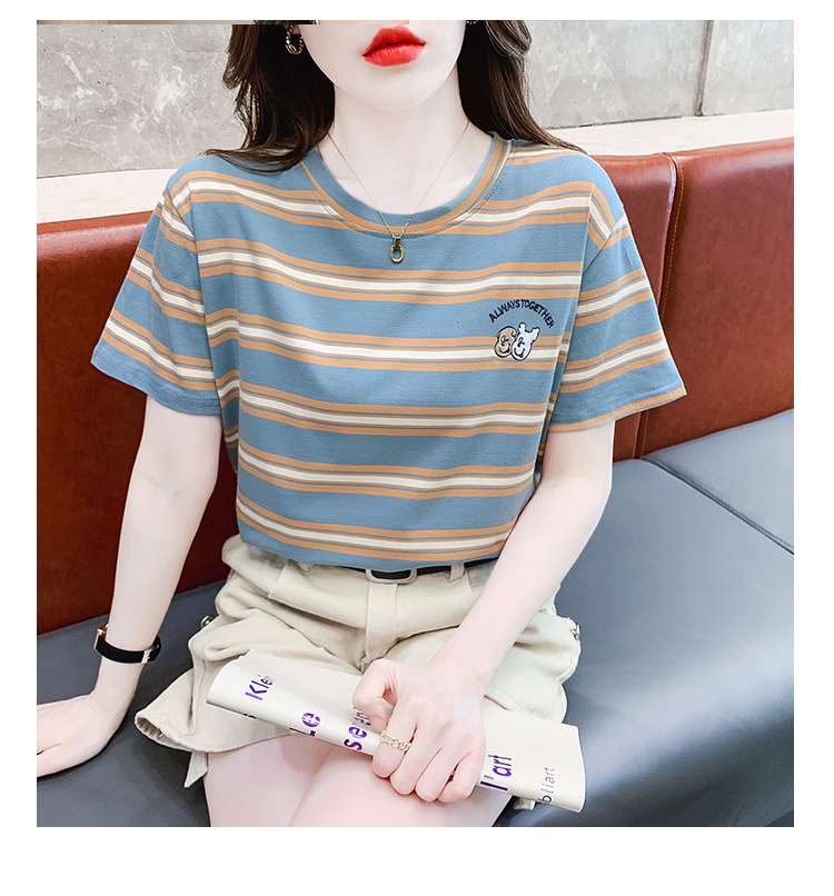 クマ刺繍入りボーダーゆるTシャツ ボーダー服